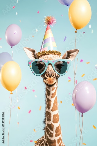 Giraffe's Birthday Celebration: A joyful giraffe, adorned in a party hat and sunglasses, stands amidst a flurry of floating balloons and confetti, exuding pure birthday cheer and whimsical charm.