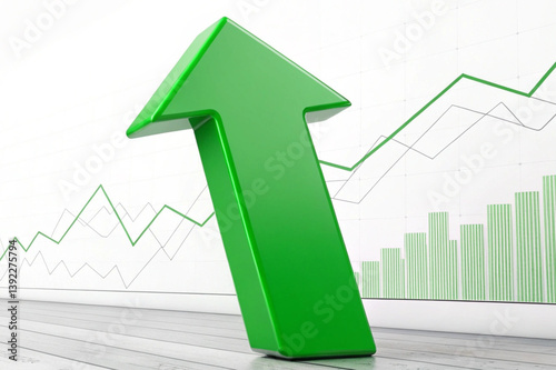 business graph showing growth,  financial chart with 3d green color uptrend line arrow graph go up and stock market on white color background stock illustration