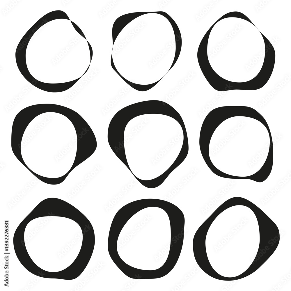 Distorted circle icons. Abstract organic shapes. Black vector elements. Geometric minimal set.