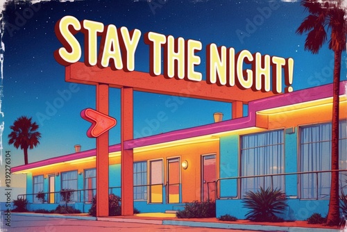 Bright retro motel inviting guests to stay overnight in a vibrant desert setting during evening twilight