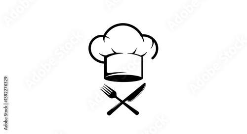 A graphic illustration of a chef's hat above a crossed fork and knife in black and white color