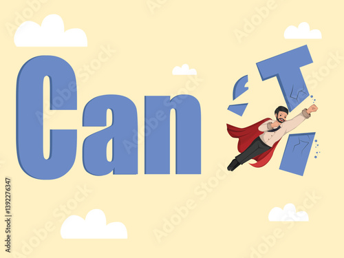 Motivational Superhero Breaking Barriers – Man Smashing the Word "Can't" to Emphasize "Can" Concept.