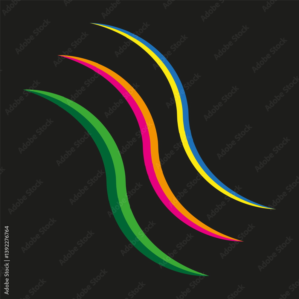 Curved color stripes. Wavy neon lines. Abstract motion elements. Vector black background.