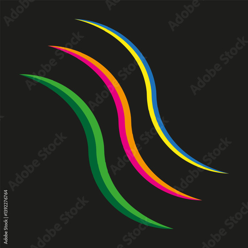 Obraz na płótnie Curved color stripes. Wavy neon lines. Abstract motion elements. Vector black background. w salonie