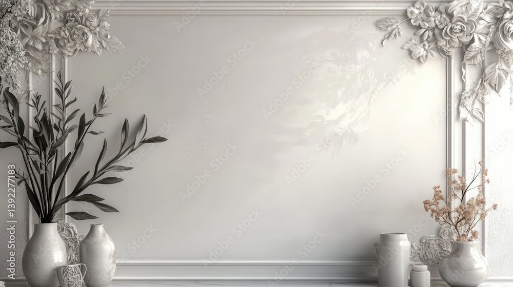 Fototapeta premium Elegant white wall decor with floral accents