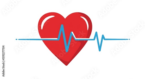 A red heart with a blue electrocardiogram line passing through it on a white background illustration
