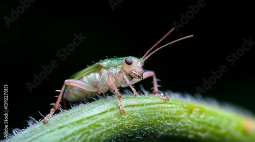 Wallpaper Mural Close-up of a vibrant green insect perched on a dew-covered, bright green stem against a dark background.  The insect's delicate features and the water droplets are sharply in focus Torontodigital.ca