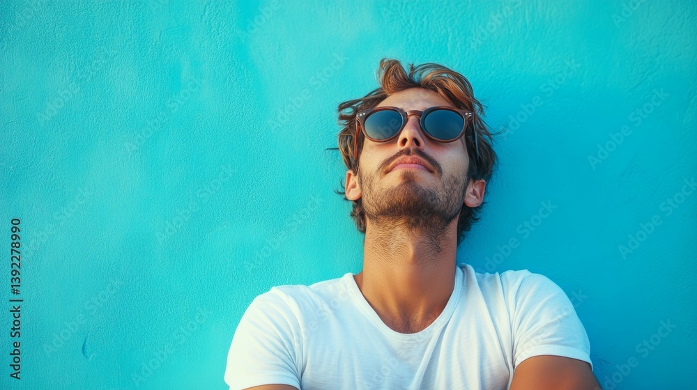 Man in Sunglasses Looking Up Against a Vibrant Blue Wall Man in Sunglasses Looking Up Against a Vibrant Blue Wall
