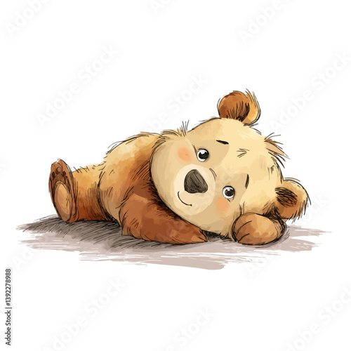 Playful Bear: A charming illustration of a contented, cuddly teddy bear lounging playfully, exuding warmth and joy, rendered with soft brushstrokes and inviting textures.