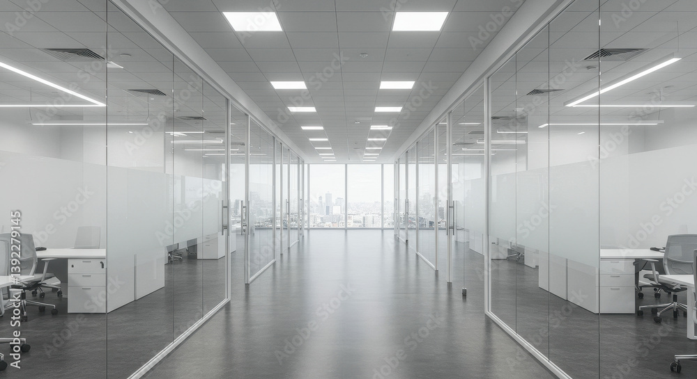 Fototapeta premium Modern Office Space: Glass Walls, Open Design, City View - Minimalist Workplace Interior with Natural Light and Clean Aesthetics