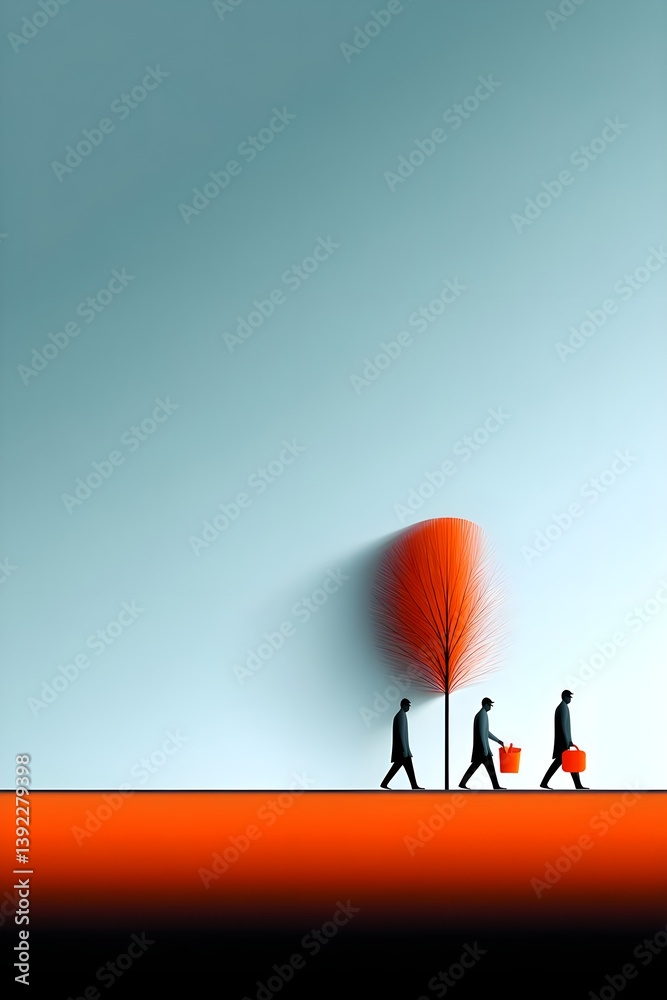 Fototapeta premium Minimalist scene of figures walking with orange tree silhouette
