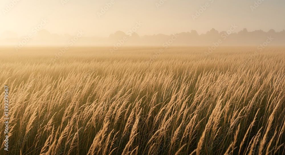 Obraz premium Golden Hour Wheatfield: Misty Dawn AI Generated