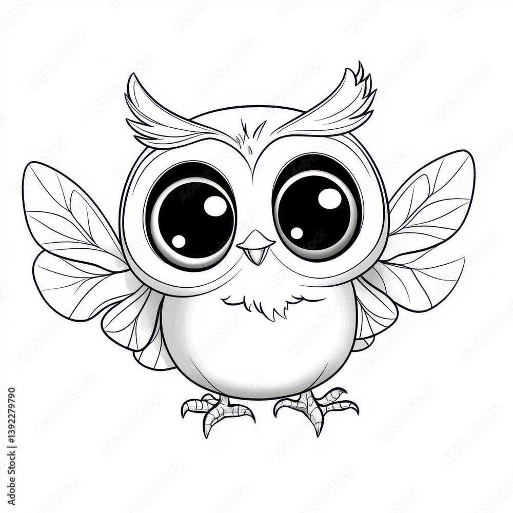Fototapeta premium An adorable cartoon owl with large eyes and delicate wings is perched ready for colo in a whical black and white illustration perfect for children's books or creative
