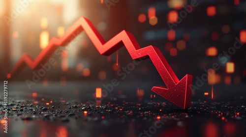 Financial crisis and stock market downturn graph with red arrow and shocked investors indicating economic loss, crash, recession and global financial turmoil