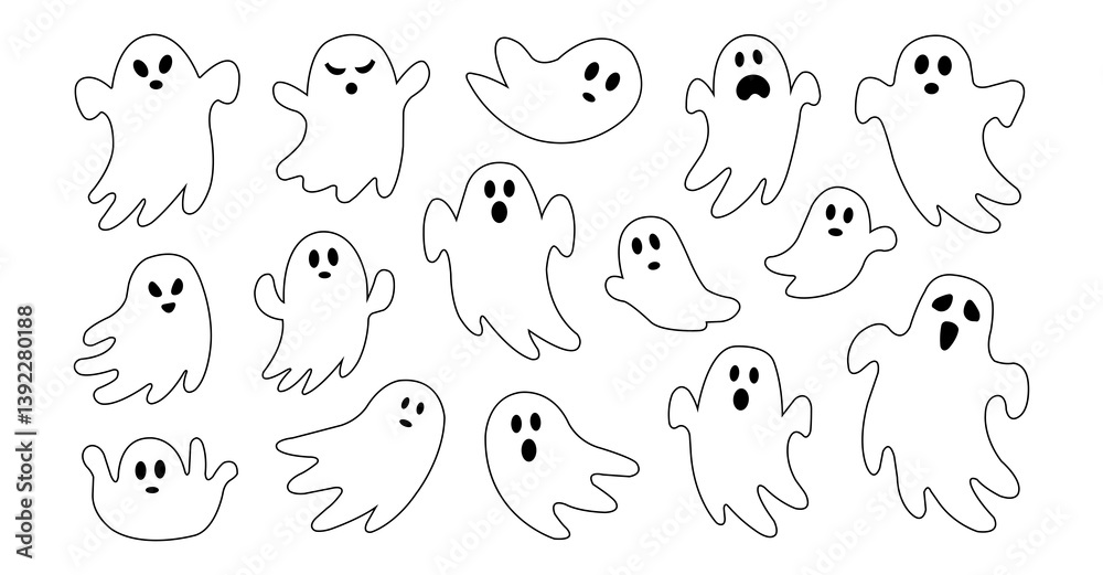 Ghost Outline Vector. Set of Cute Cartoon Ghosts in Various Poses - Black and White Halloween Clipart. Ghost Outline Vector. Set of Cute Cartoon Ghosts in Various Poses - Black and White Halloween Clipart.