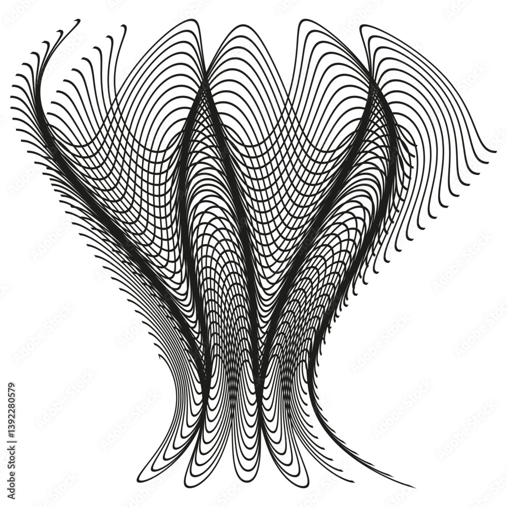 Complex curved lines. Artistic vector shape. Flowing black form. Optical abstract design.