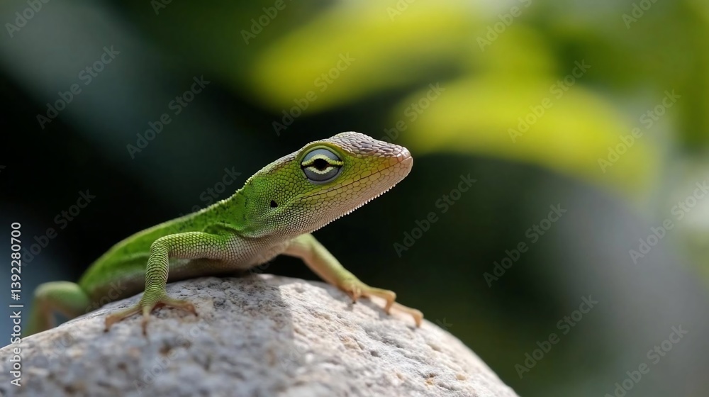 Bright green anole lizard perched on a light gray rock, basking in sunlight against a blurred green background. Close-up view showcasing intricate details of the reptile's skin and eyes Bright green anole lizard perched on a light gray rock, basking in sunlight against a blurred green background. Close-up view showcasing intricate details of the reptile's skin and eyes