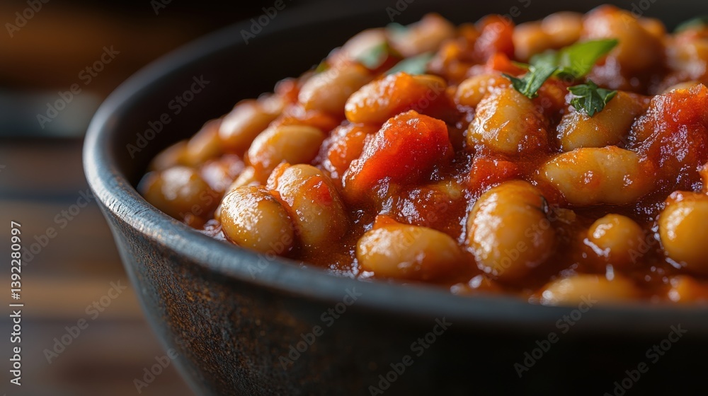 Close-up of a hearty bean stew in a rustic bowl, garnished with fresh herbs Close-up of a hearty bean stew in a rustic bowl, garnished with fresh herbs