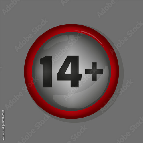 Red circle badge. 14 plus notice. Metallic gray background. Vector rating icon.