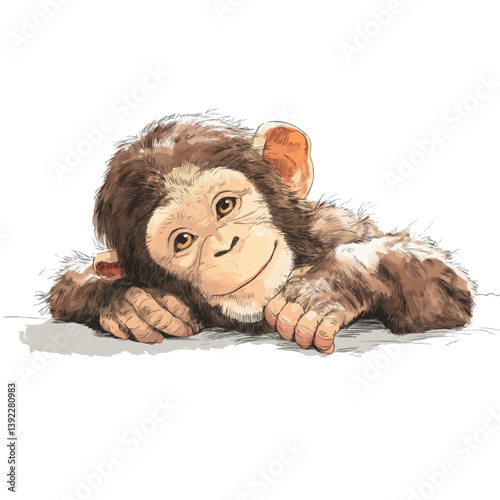 Joyful Chimpanzee's Cozy Pose: Charming depiction of a young chimpanzee basking in a moment of serene tranquility, its engaging gaze and gentle smile conveying an undeniable sense of contentment.