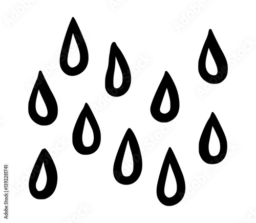Doodle water drop, hand drawn sweat tear seamless pattern. Minimalistic black water drops in random arrangement on white background. Perfect for rain designs, packaging, eco concepts, skincare