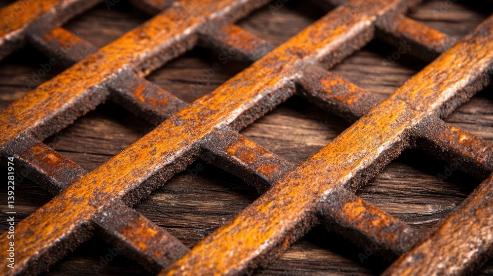 Rustic orange metal grid pattern on dark brown wooden background texture detail. Rustic orange metal grid pattern on dark brown wooden background texture detail.