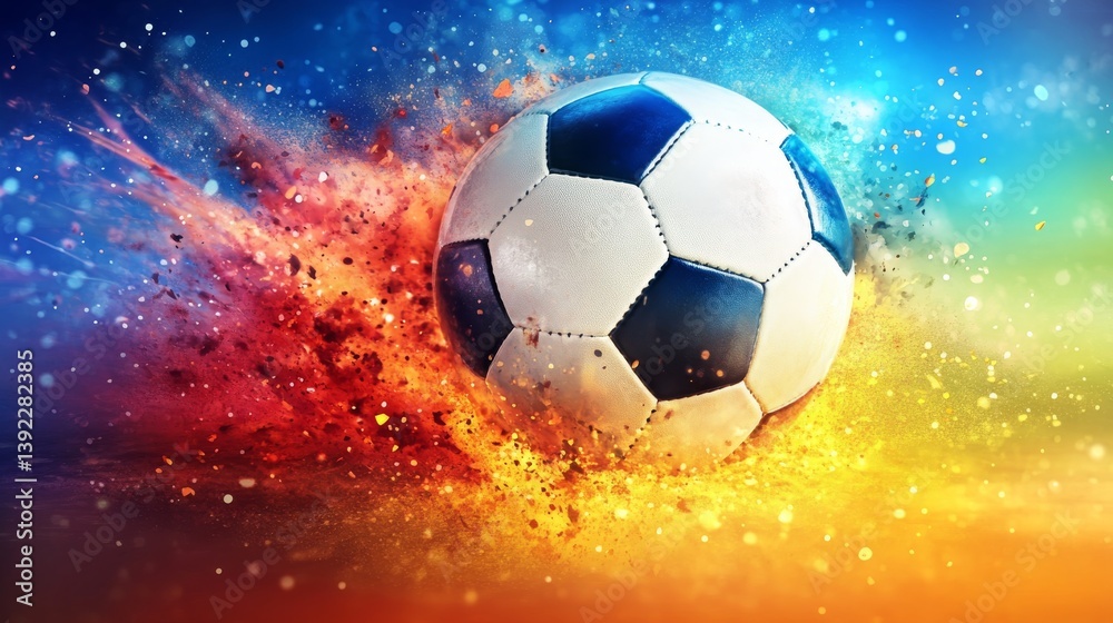 Fototapeta premium Dynamic colorful abstract background featuring soccer ball motion, vibrant paint splashes, and energetic patterns ideal for football posters, sports promotions, and athletic-themed designs