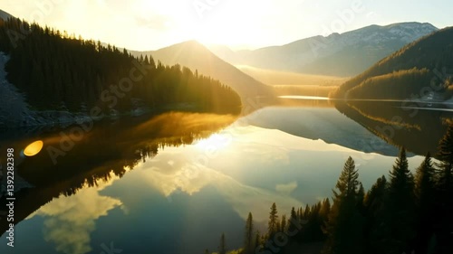 Sunrise Over a Mountain Lake, Golden Hour Reflection