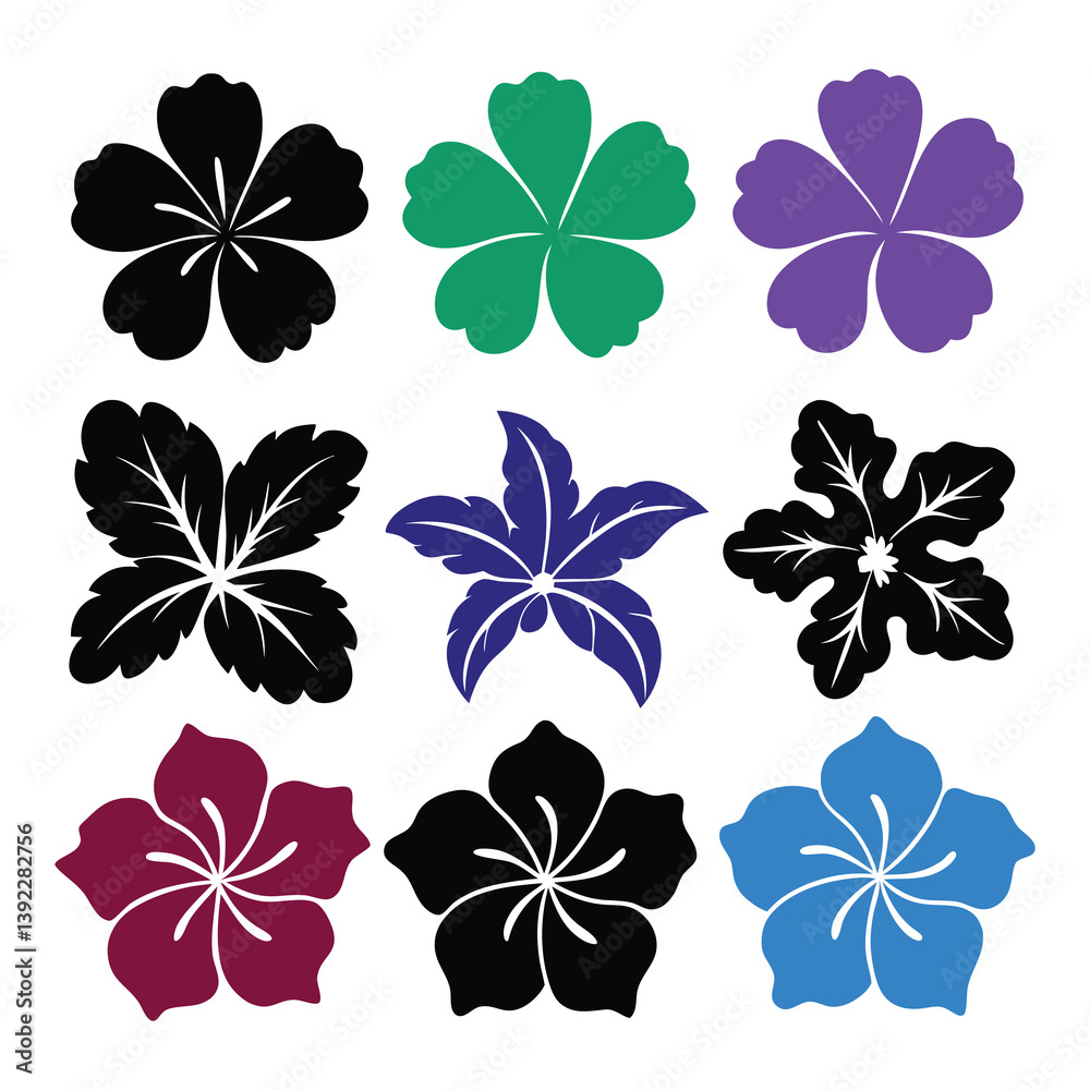 Obraz premium hibiscus flower icons of silhouette black shape vector illustration