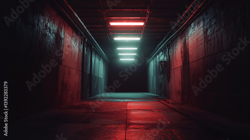 Dark, atmospheric underground passage featuring eerie shadows and industrial lighting