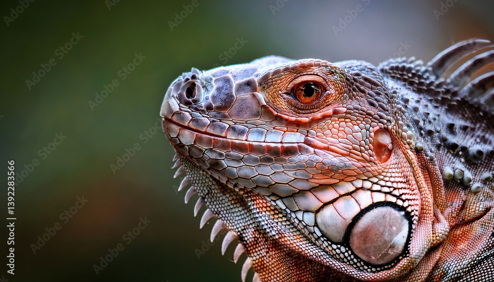Obraz premium Iguana's Close-Up: A detailed close-up captures the striking features of an iguana, highlighting the intricate textures and vibrant colors of its scales and piercing gaze.