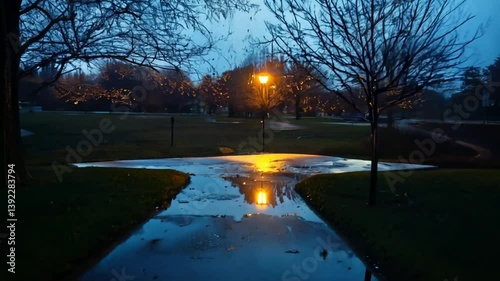 Dark Blue Night Park with Reflective Puddle and Orange Streetlights