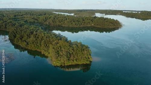 Aerial View of Lush Green Island in a Calm Blue Lake