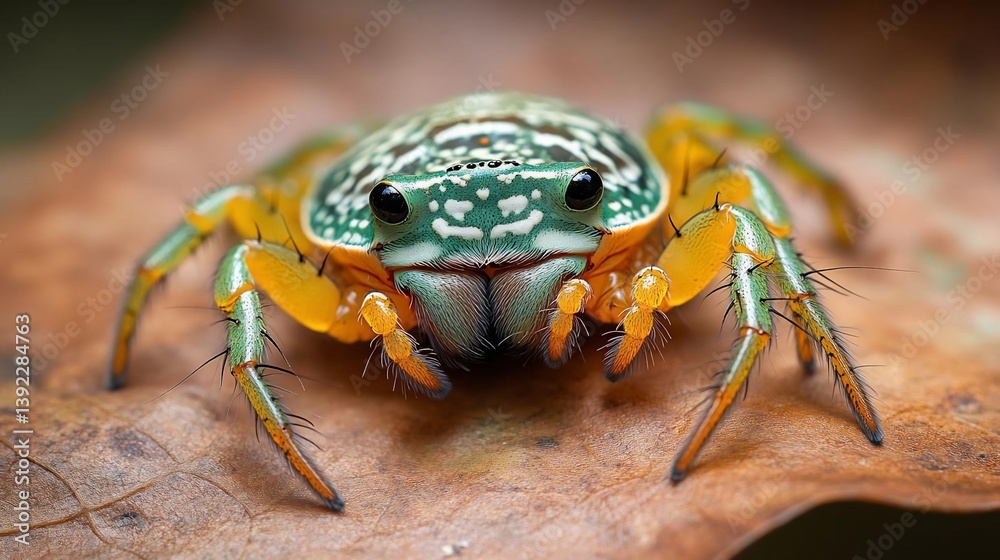Close-up of a vibrant green and yellow spider with intricate markings on a brown leaf. The spider's hairy legs and large eyes are clearly visible Close-up of a vibrant green and yellow spider with intricate markings on a brown leaf. The spider's hairy legs and large eyes are clearly visible