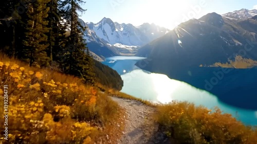 Autumnal Mountain Lake And Forest Path Panorama