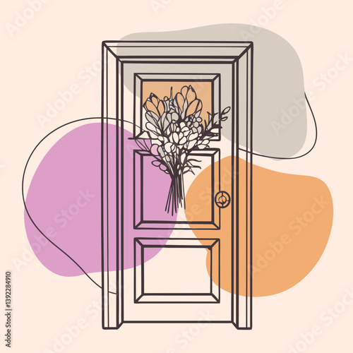 Flower Bouquet Delivered at an Open Door with Colorful Background  