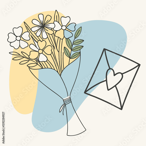 Flower bouquet with an envelope on a pastel background  