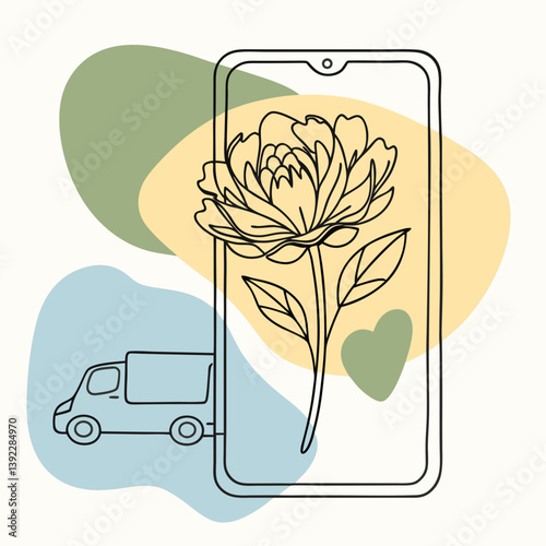 Flower delivery concept with phone and delivery truck illustration  