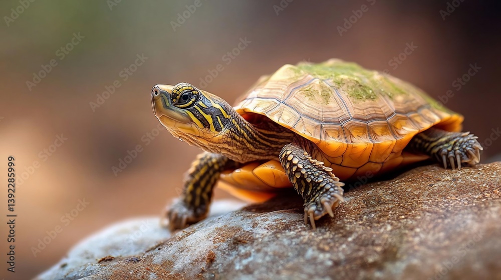 Close-up of a small turtle with a brown and orange shell perched on a rock, outdoors in soft natural light Close-up of a small turtle with a brown and orange shell perched on a rock, outdoors in soft natural light