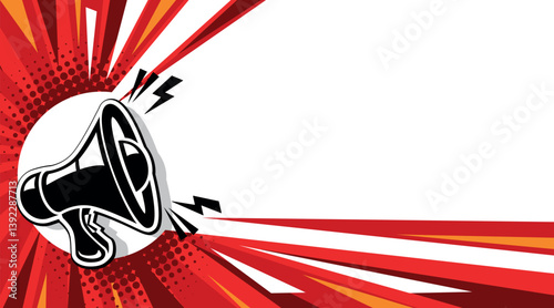 Important message attention. Loudspeaker, megaphone with lightings on red background. Vector template for copy you text in pop art style