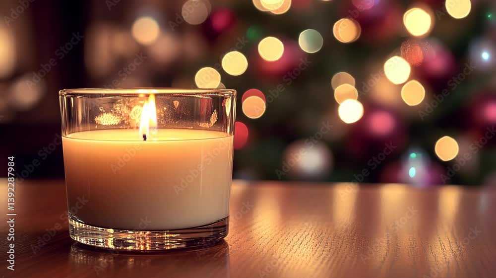 Festive holiday scene with lit candle in glass jar and colorful bokeh lights in background, creating warm atmosphere for Christmas holidays Festive holiday scene with lit candle in glass jar and colorful bokeh lights in background, creating warm atmosphere for Christmas holidays
