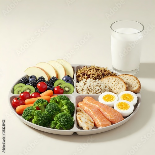 A segmented plate contains a variety of foods