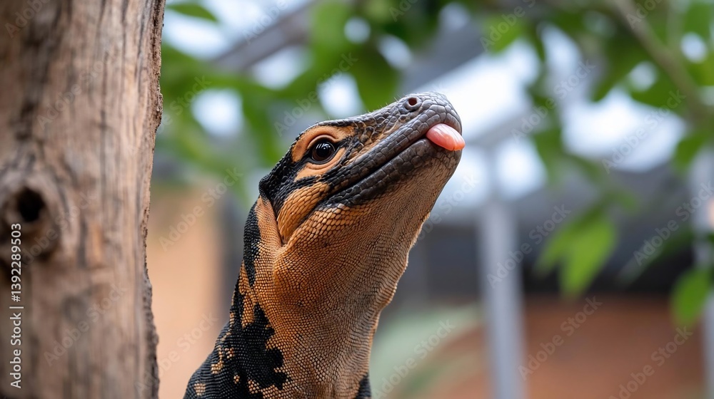 Close-up of a reptile with orange and black scales, its tongue extended, positioned near a tree trunk with a blurred green background. The lighting is natural and soft Close-up of a reptile with orange and black scales, its tongue extended, positioned near a tree trunk with a blurred green background. The lighting is natural and soft
