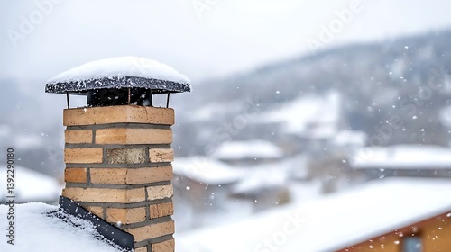 Snowy Brick Chimney  Winter Landscape  House Roof