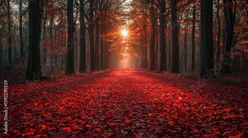 Sunlit autumn path with red leaves.