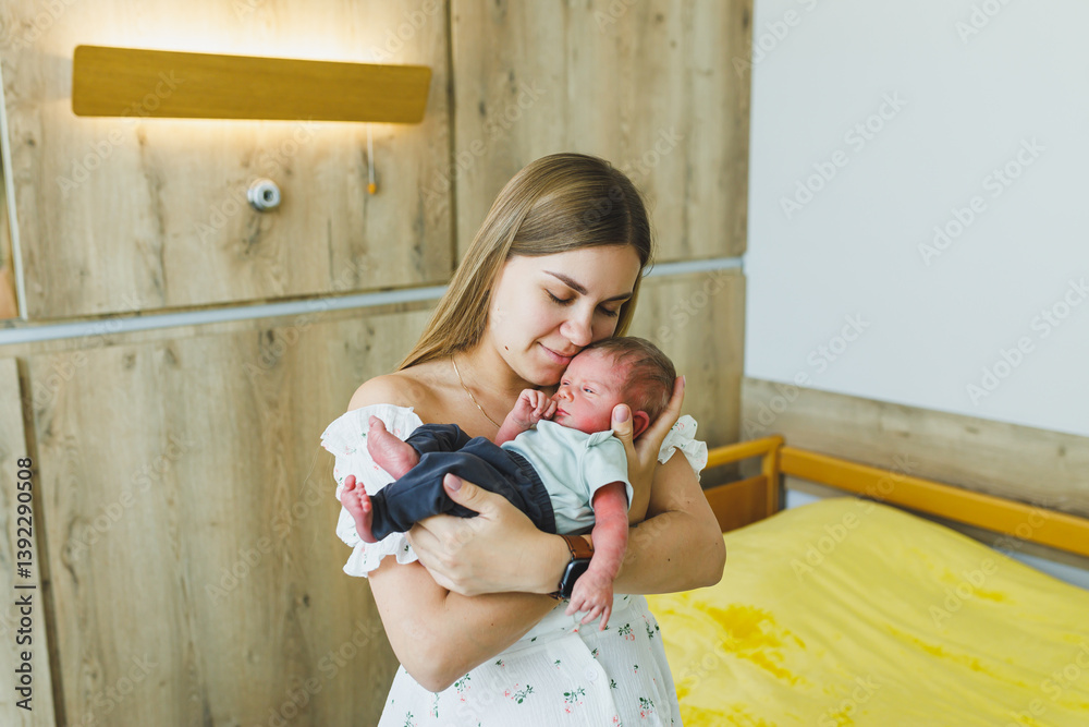 A new mother warmly embraces her precious newborn baby in a bright, cozy, and comforting hospital room, radiating feelings of bliss and love, bonding over their shared joy and warmth