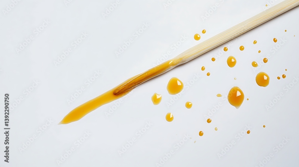 Honey Dripping Down Wooden Stick with Honey Droplets on White Background Top Angle View Honey Dripping Down Wooden Stick with Honey Droplets on White Background Top Angle View