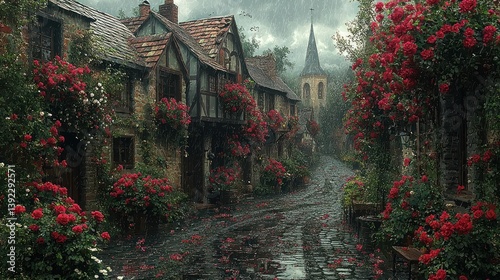 Obraz na płótnie Rainy day in a picturesque village with red roses. w salonie
