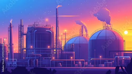 Stylized Industrial Plant with Silos, Towers, Pipes, and Glowing Lights at Sunset