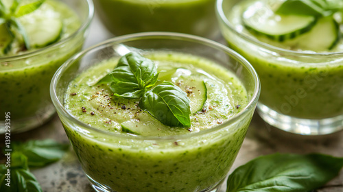 Refreshing Cucumber Gazpacho with Basil Garnish in Elegant Glass Bowls